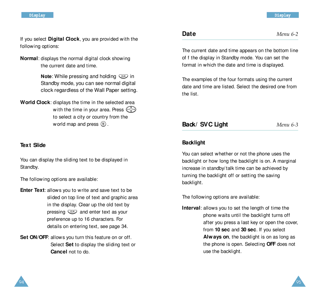 Samsung SCH-A212 user manual Date, Back/SVC Light, Text Slide, Backlight 