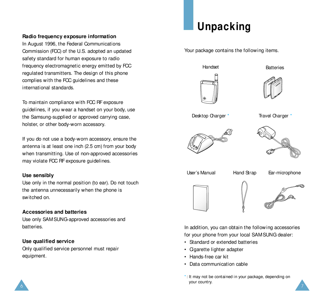 Samsung SCH-A212 user manual Unpacking, Use sensibly, Accessories and batteries, Use qualified service 