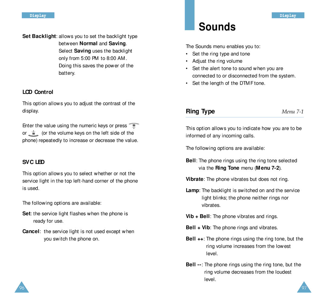 Samsung SCH-A212 user manual Sounds, Ring Type, LCD Control, Set the length of the Dtmf tone 