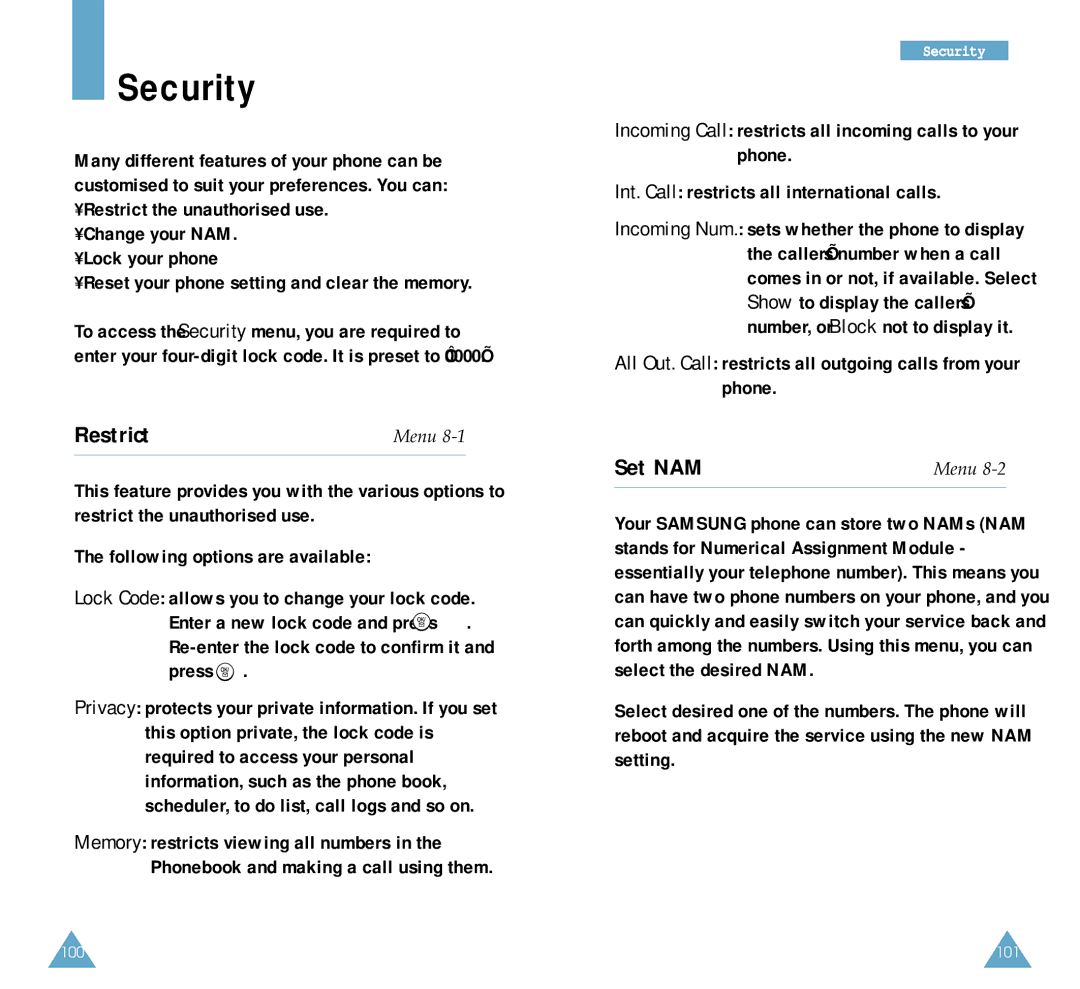 Samsung SCH-A212 user manual Security, Restrict, Set NAM, All Out. Call restricts all outgoing calls from your phone 