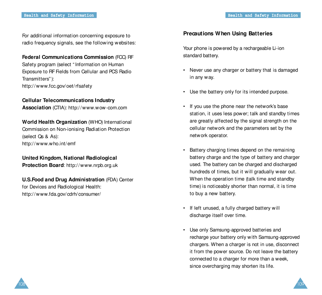 Samsung SCH-A212 user manual Precautions When Using Batteries 