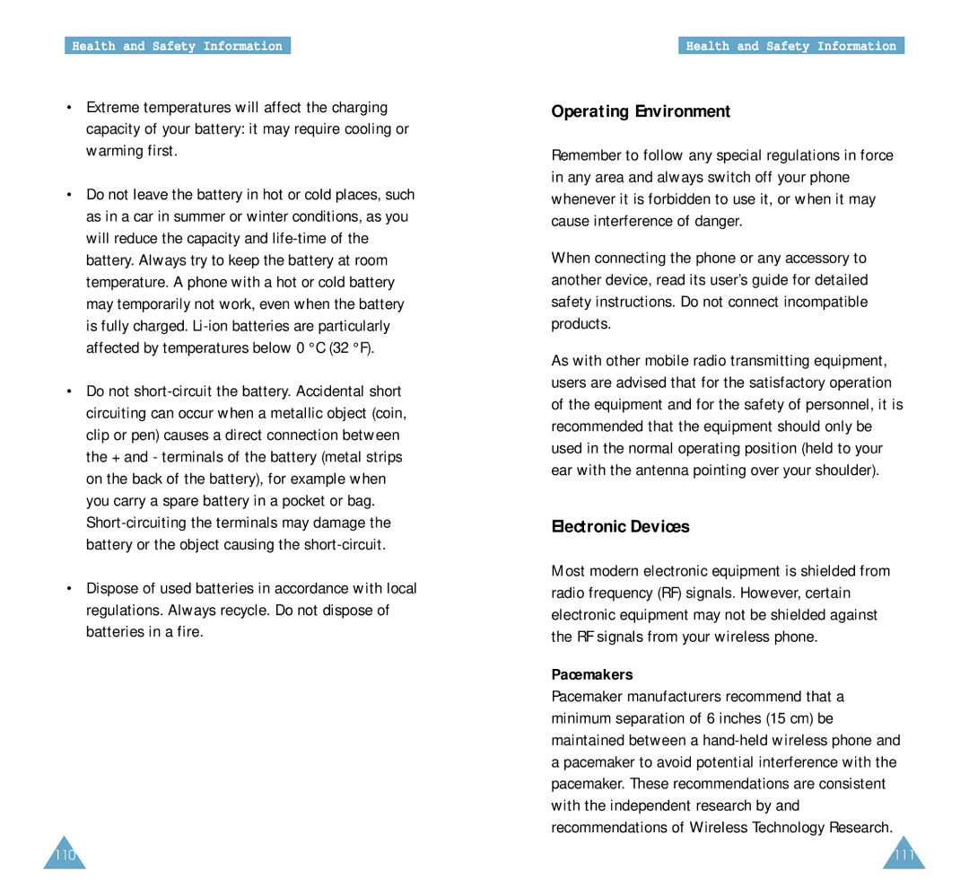 Samsung SCH-A212 user manual Operating Environment, Electronic Devices, Pacemakers 