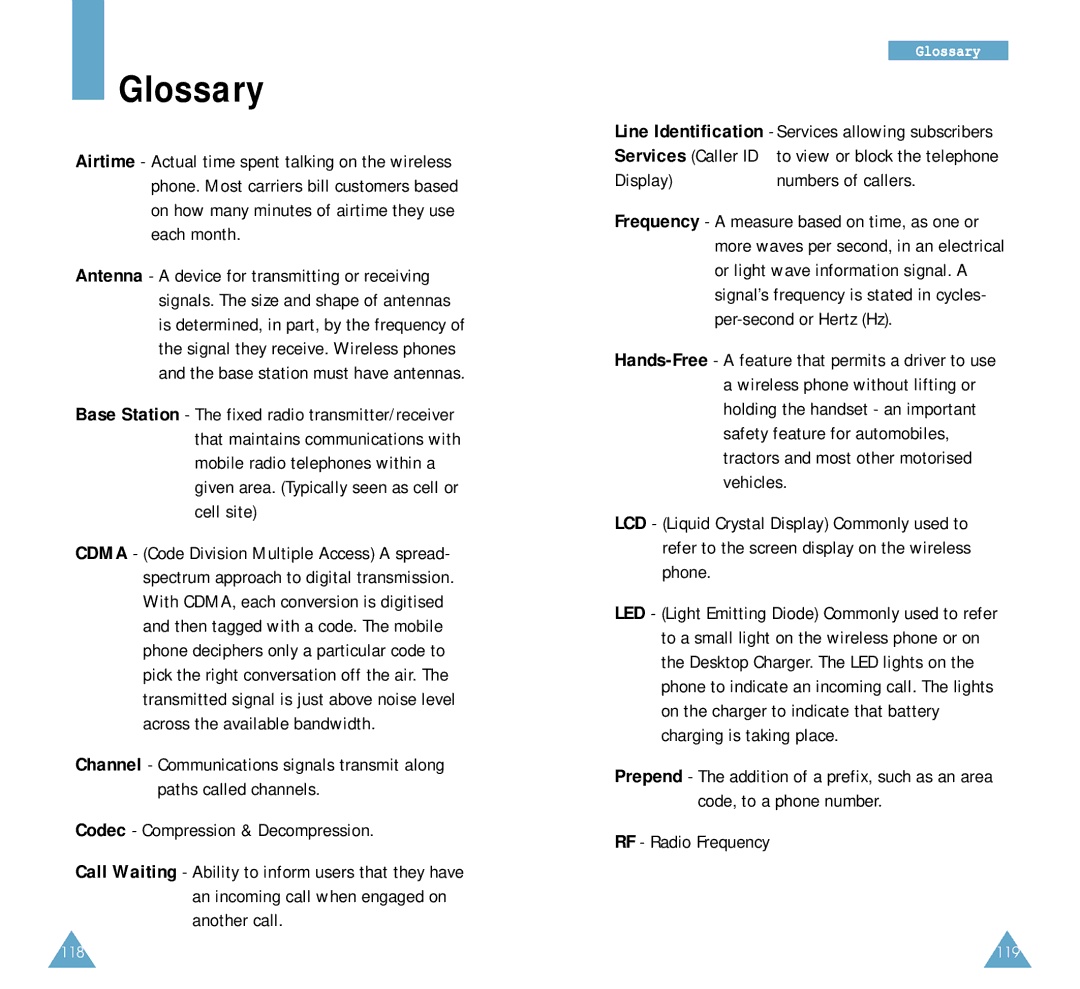 Samsung SCH-A212 user manual Glossary, Display Numbers of callers, RF Radio Frequency 