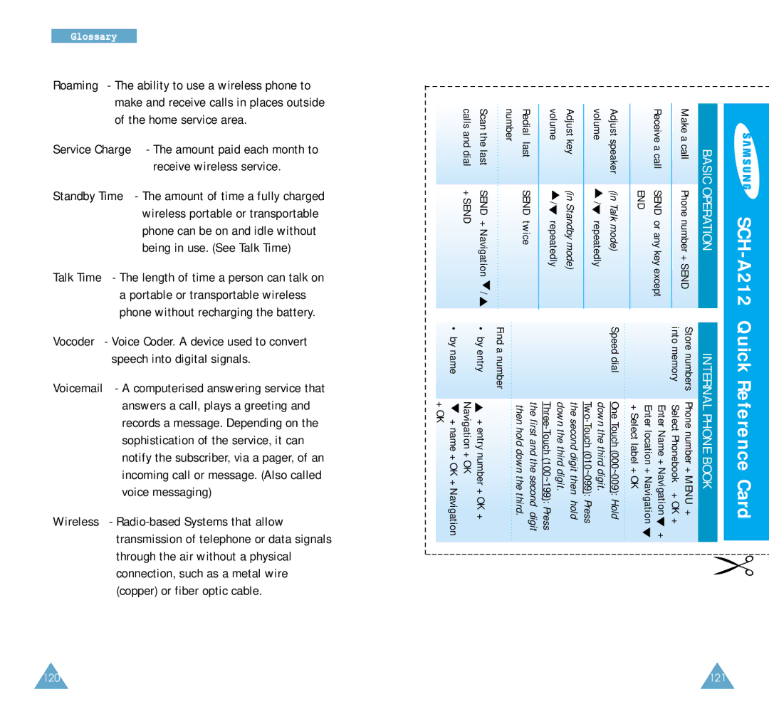 Samsung SCH-A212 user manual Quick Reference Card 