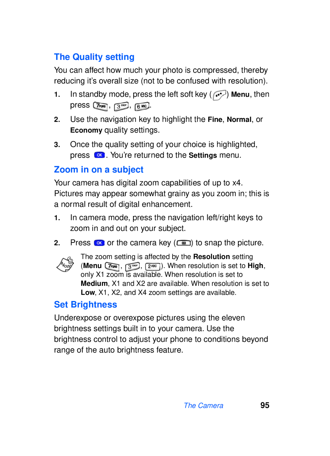 Samsung SCH-a610 manual Quality setting, Zoom in on a subject, Set Brightness 