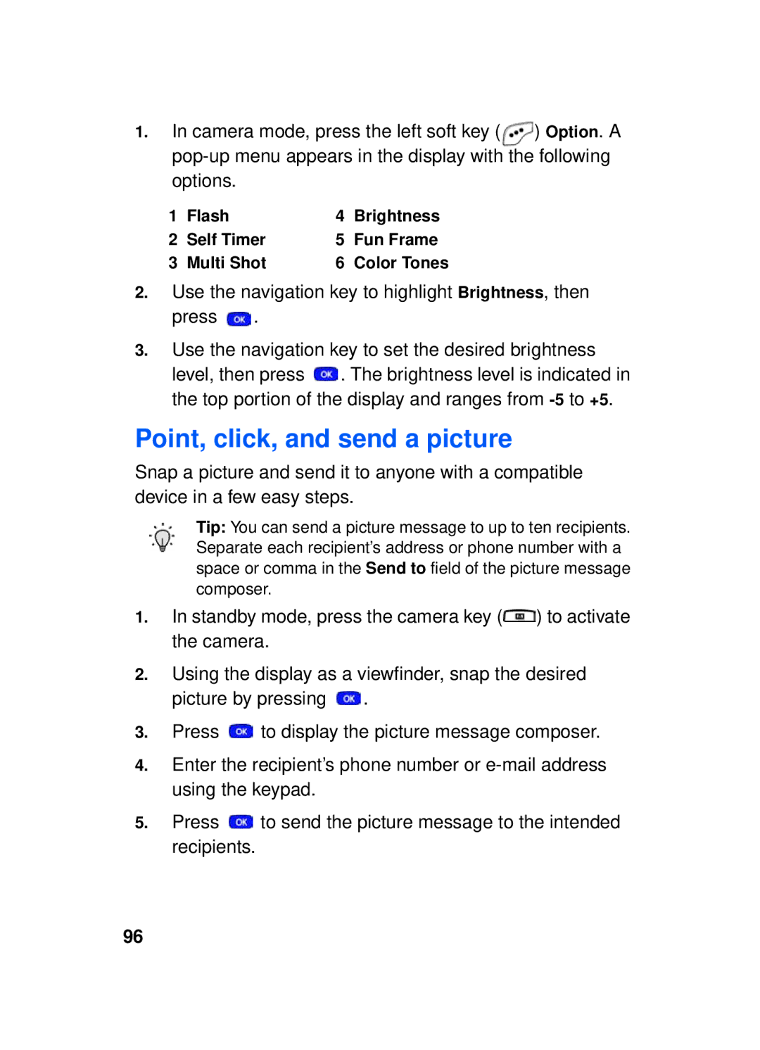 Samsung SCH-a610 manual Point, click, and send a picture, Use the navigation key to highlight Brightness, then press 