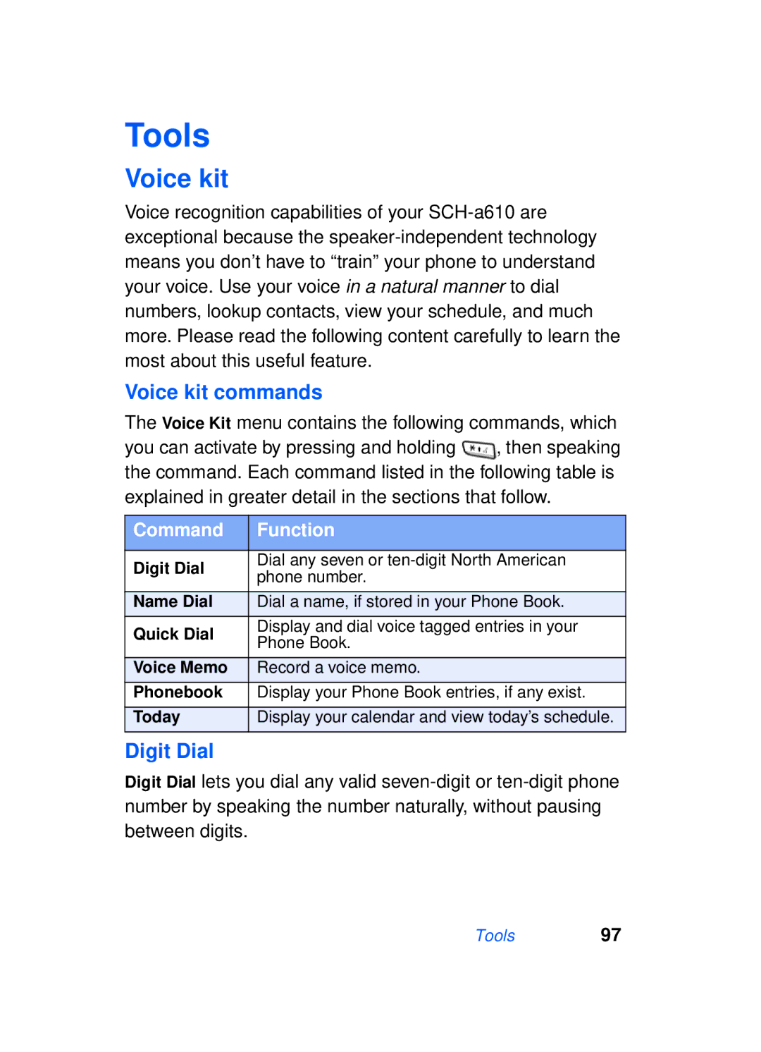 Samsung SCH-a610 manual Tools, Voice kit commands, Digit Dial, Command Function 