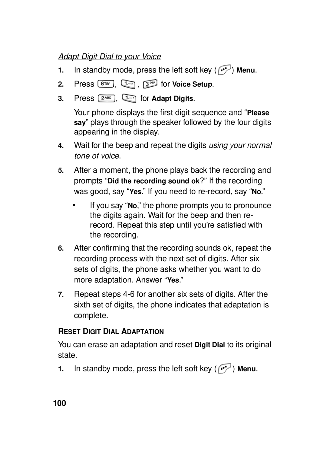 Samsung SCH-a610 manual Adapt Digit Dial to your Voice, 100 