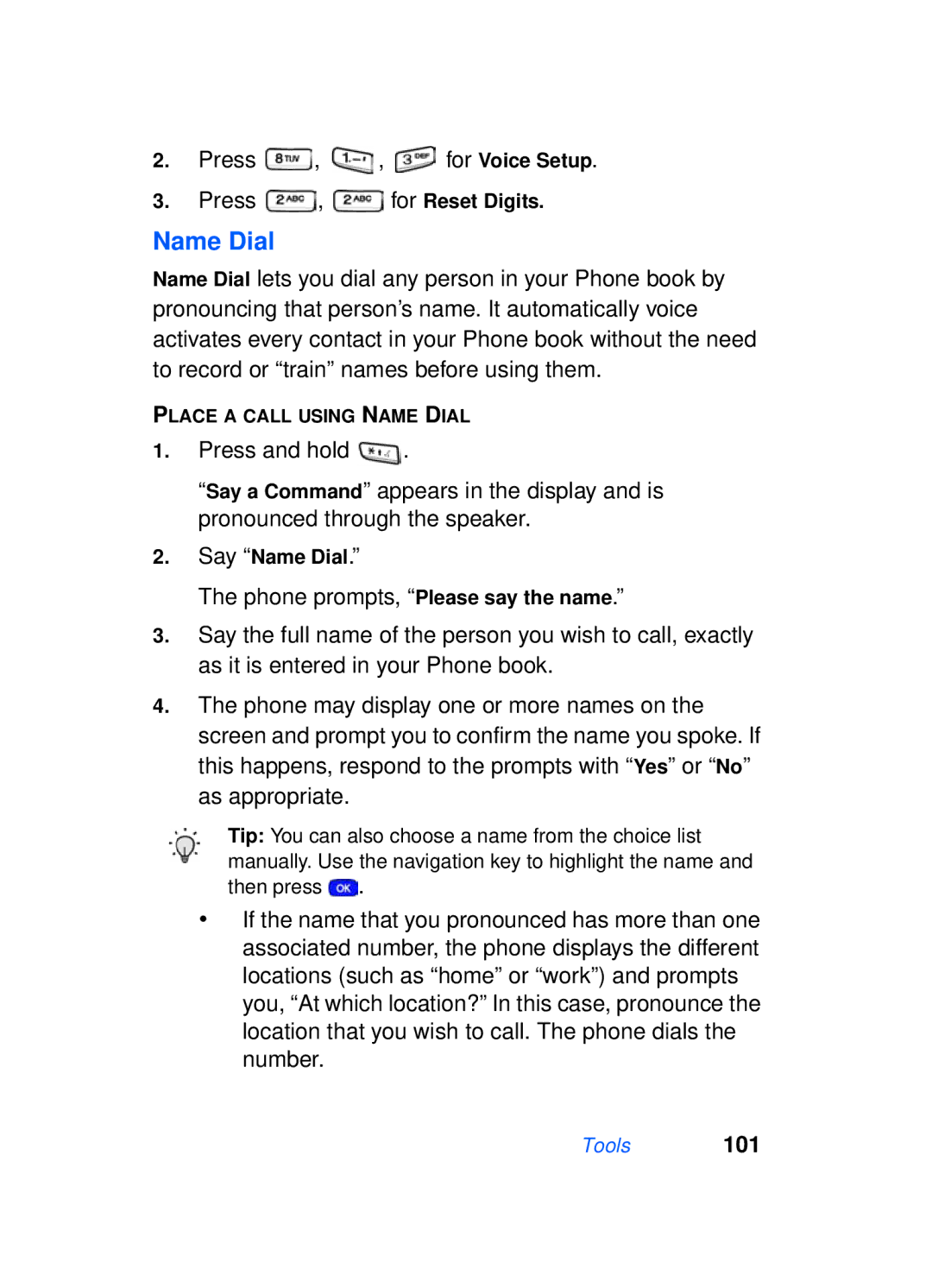 Samsung SCH-a610 manual Press , , for Voice Setup Press , for Reset Digits, Say Name Dial 