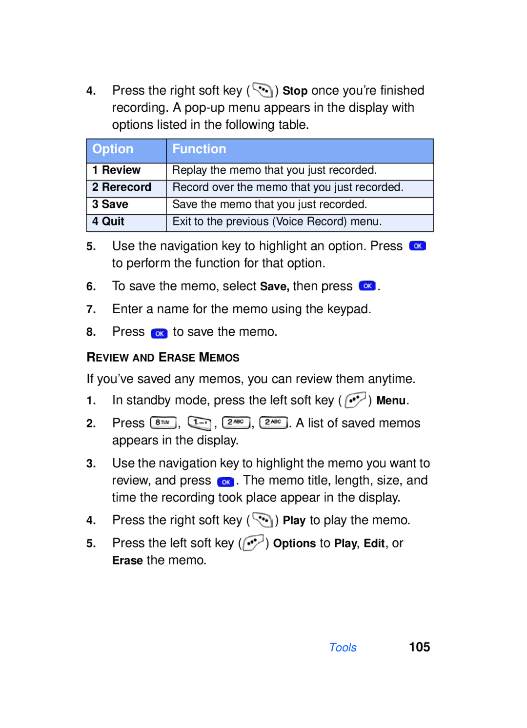 Samsung SCH-a610 manual Options listed in the following table, Option Function 