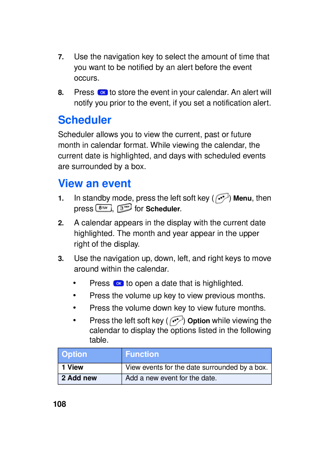 Samsung SCH-a610 manual Scheduler, View an event, 108, Add new Add a new event for the date 