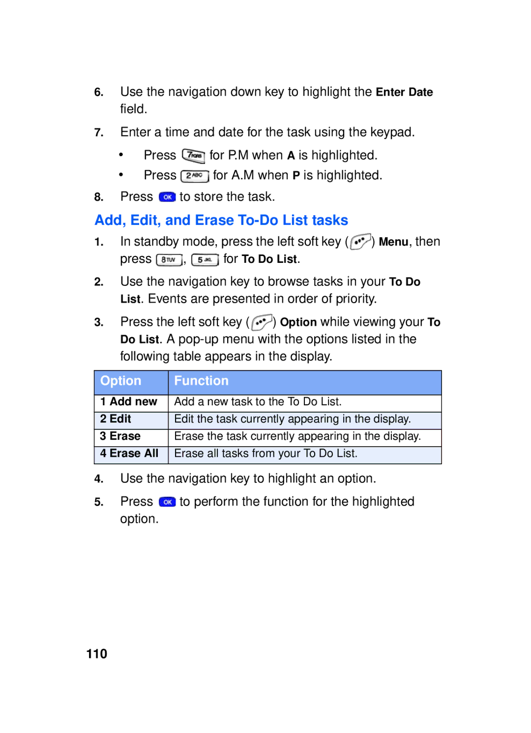 Samsung SCH-a610 manual Add, Edit, and Erase To-Do List tasks, 110 