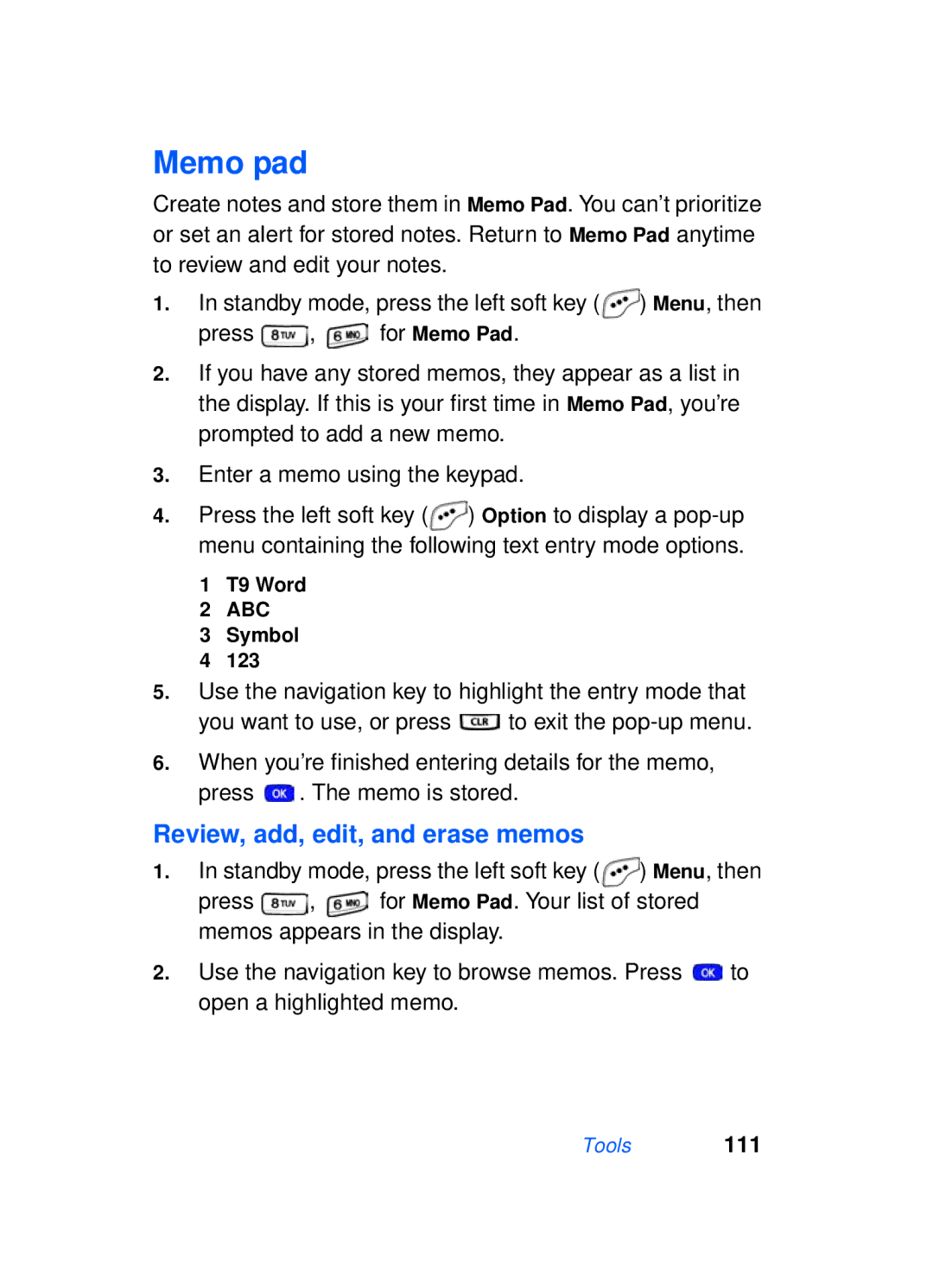 Samsung SCH-a610 manual Memo pad, Review, add, edit, and erase memos 