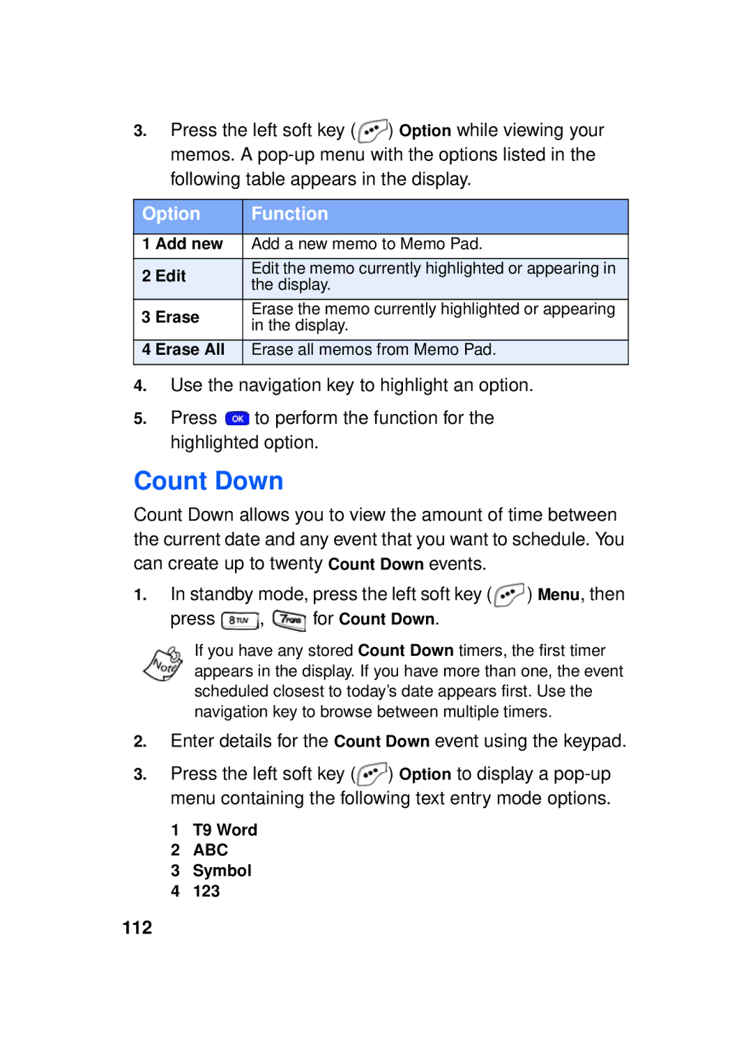 Samsung SCH-a610 manual Enter details for the Count Down event using the keypad, 112 