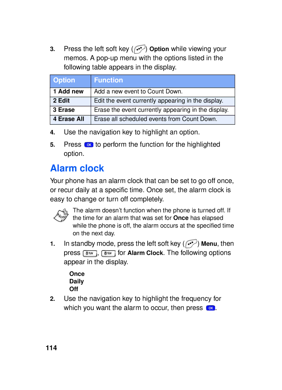 Samsung SCH-a610 manual Alarm clock, 114, Once Daily Off 