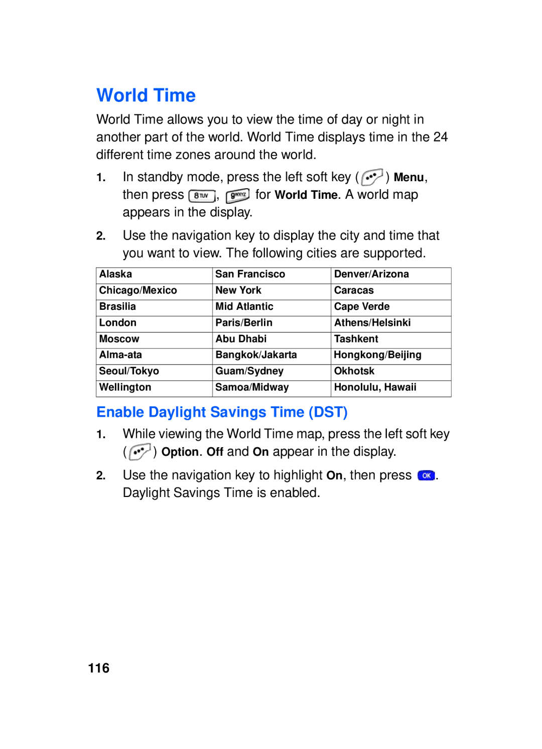 Samsung SCH-a610 manual World Time, Enable Daylight Savings Time DST, 116 