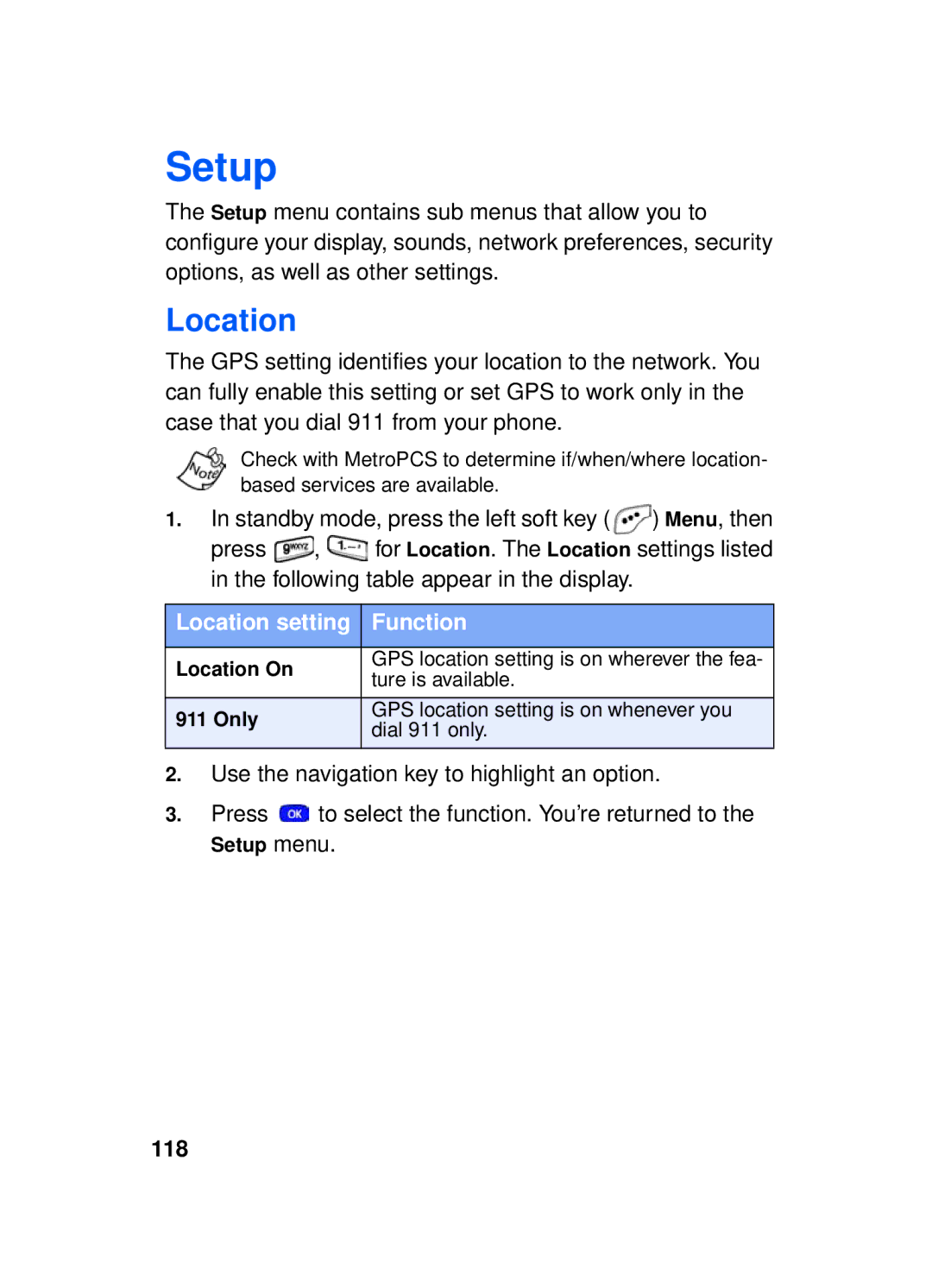 Samsung SCH-a610 manual Setup, Location setting Function, 118 