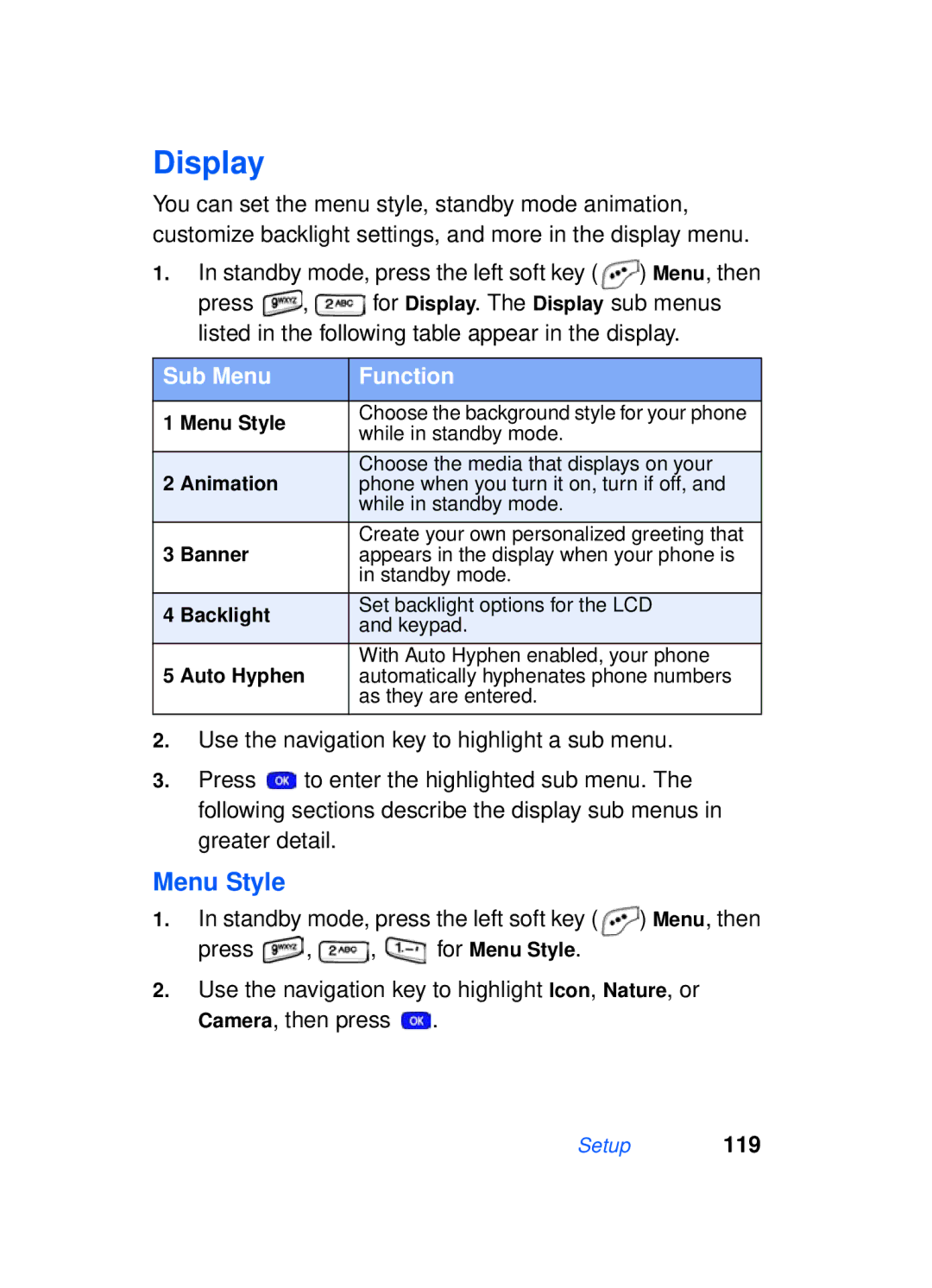 Samsung SCH-a610 manual Display, Menu Style, Sub Menu Function 