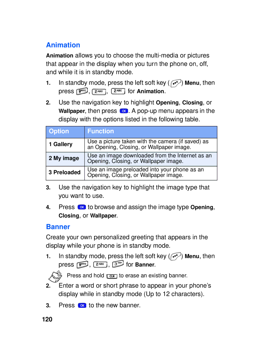 Samsung SCH-a610 manual Animation, Banner, Press to the new banner, 120, Closing, or Wallpaper 