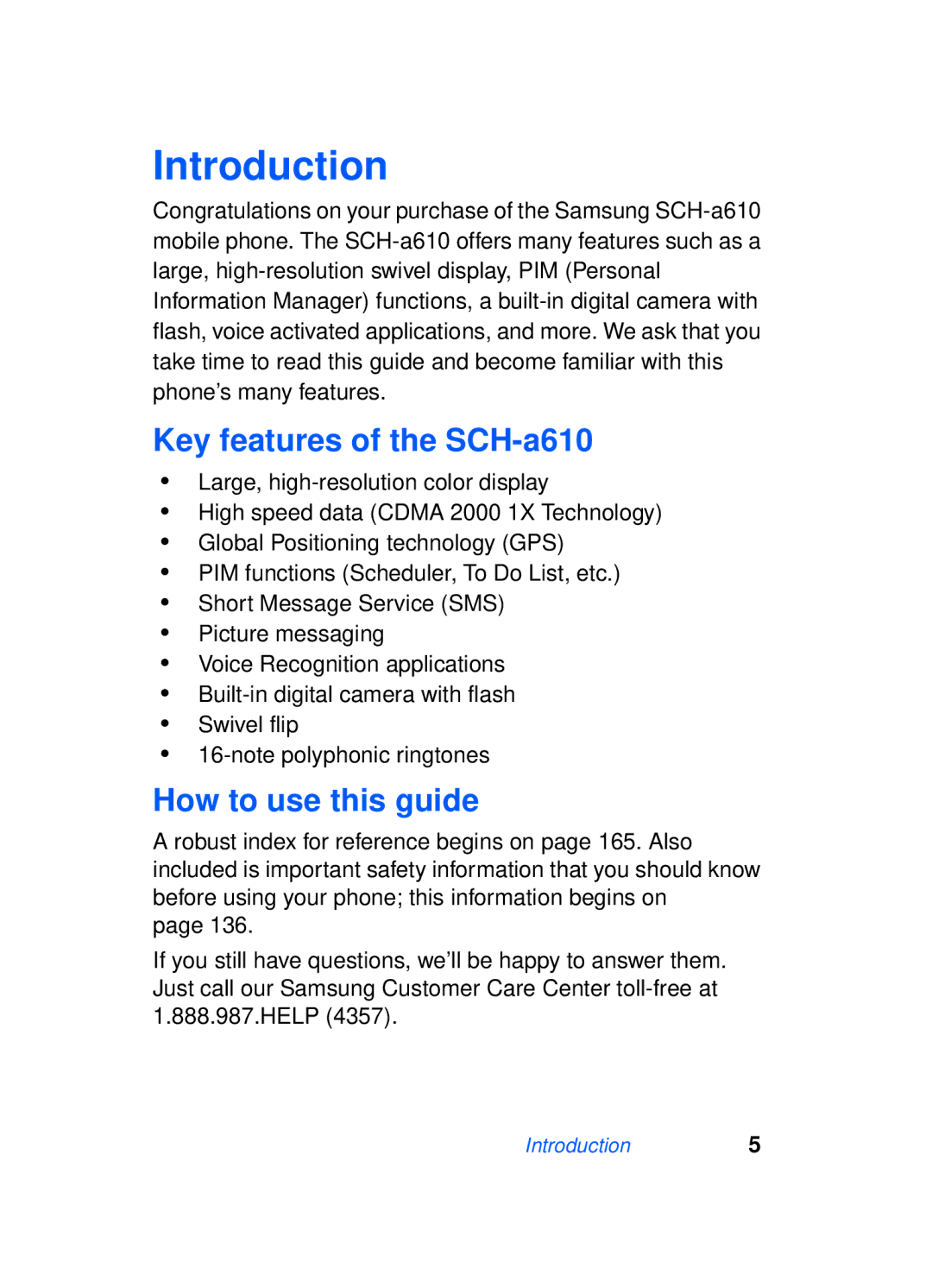 Samsung manual Introduction, Key features of the SCH-a610, How to use this guide 