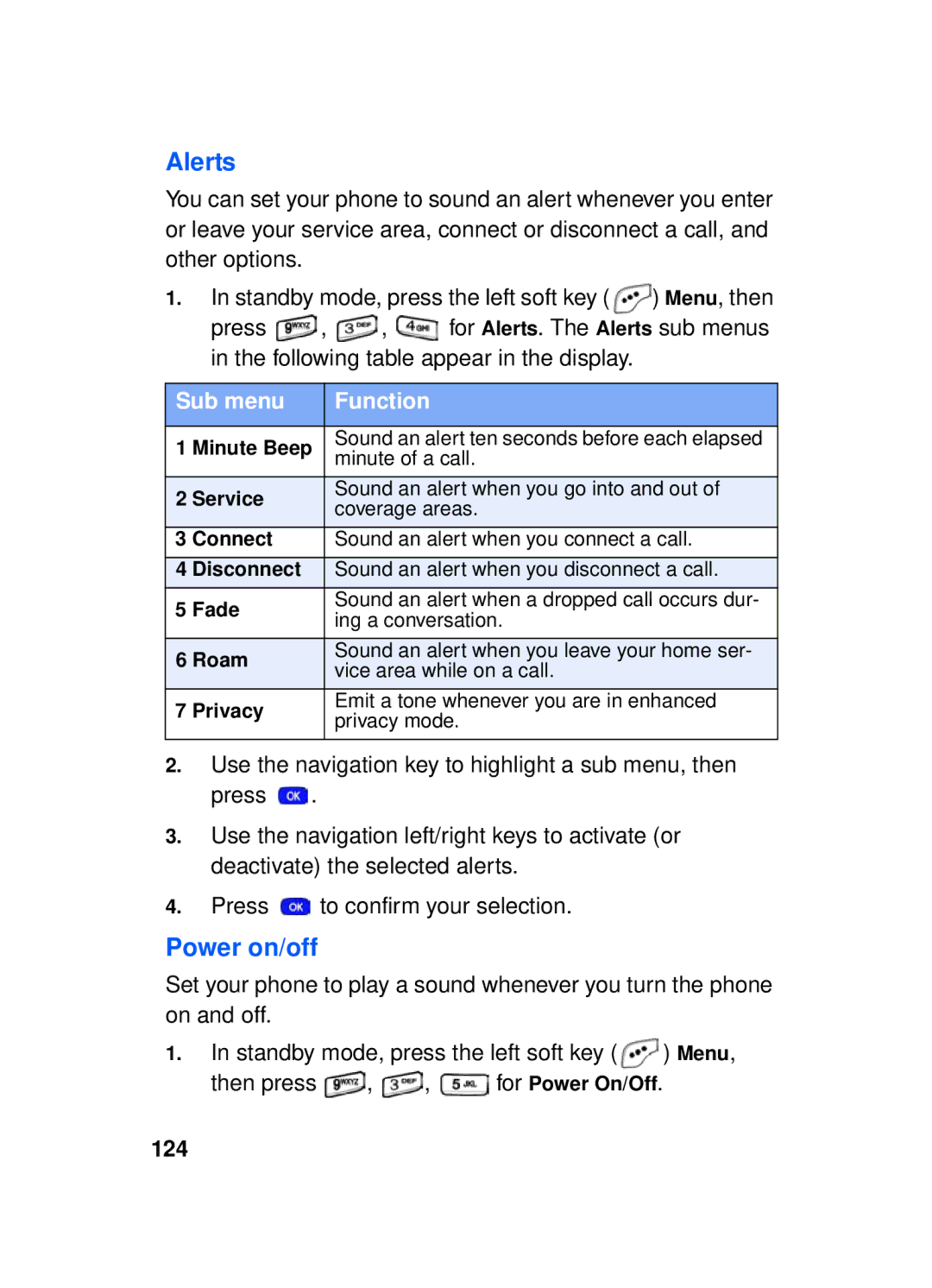 Samsung SCH-a610 manual Alerts, Power on/off, 124 