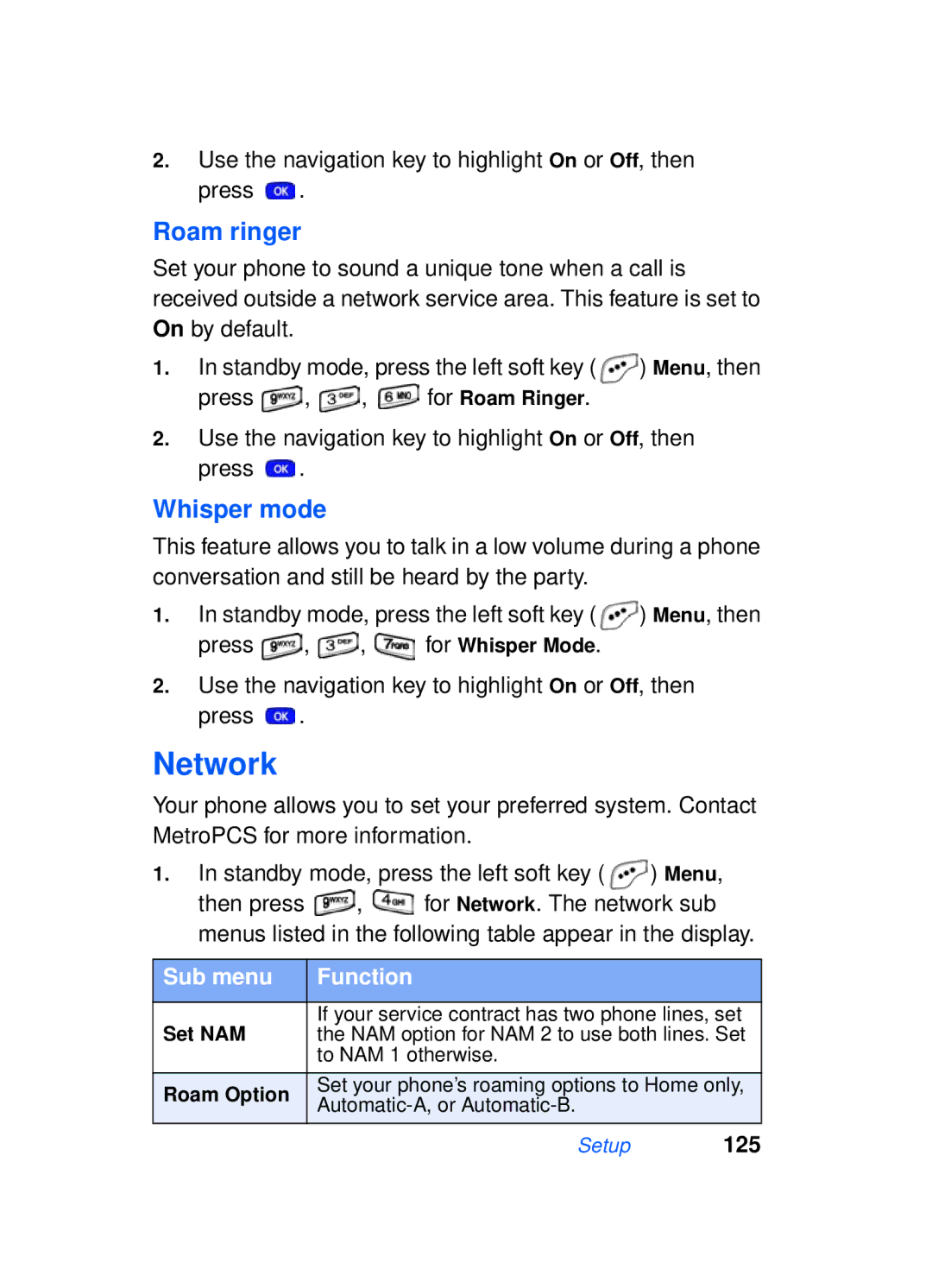 Samsung SCH-a610 manual Network, Roam ringer, Whisper mode, Set NAM, Roam Option 