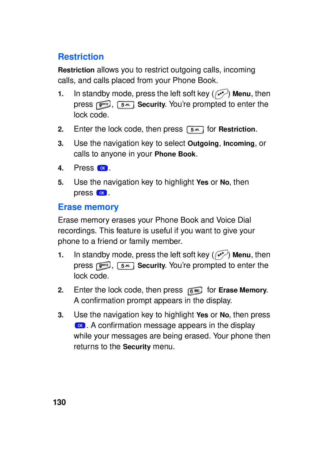 Samsung SCH-a610 manual Restriction, Erase memory, 130 