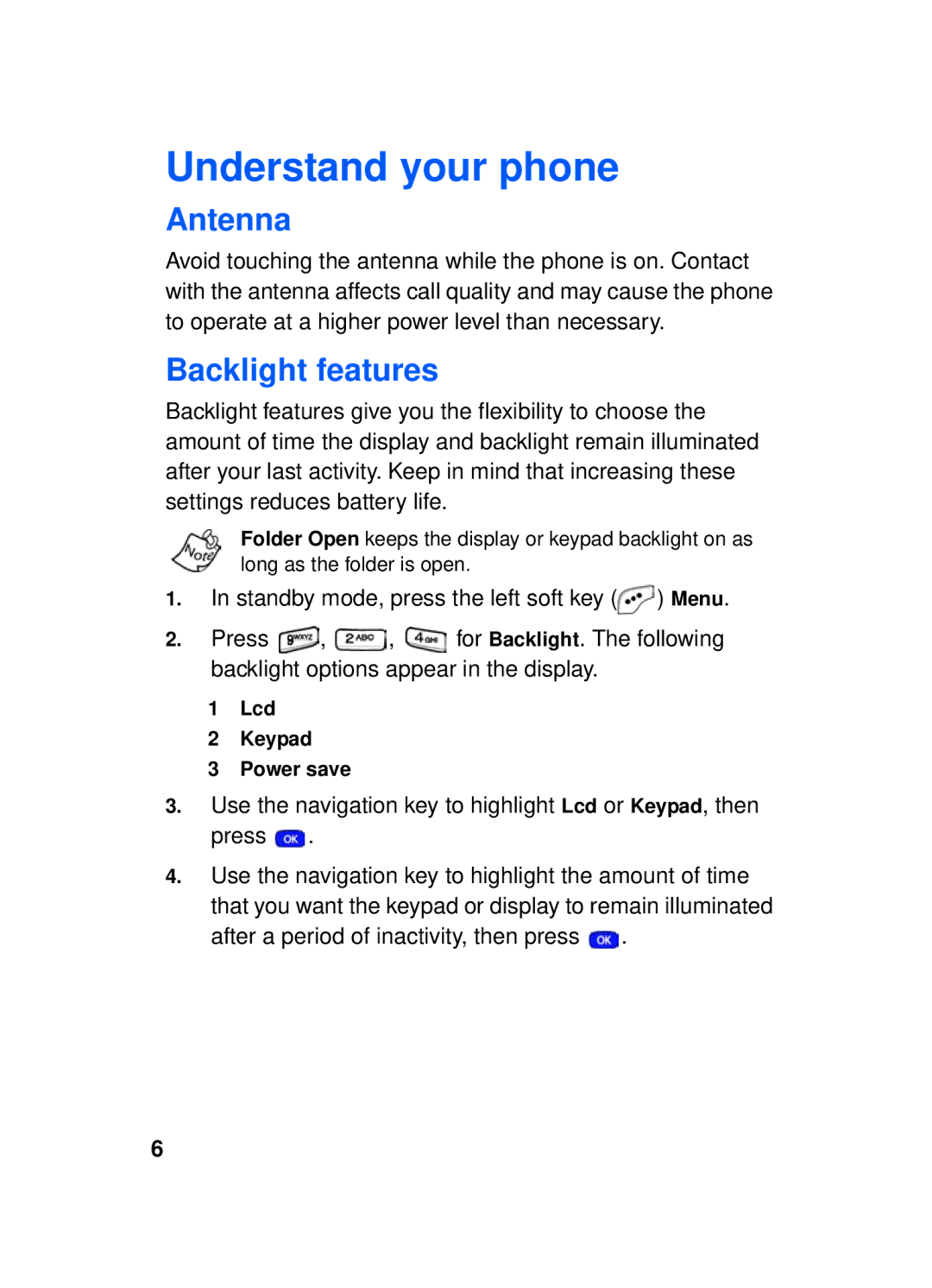 Samsung SCH-a610 manual Understand your phone, Antenna, Backlight features, Lcd Keypad Power save 