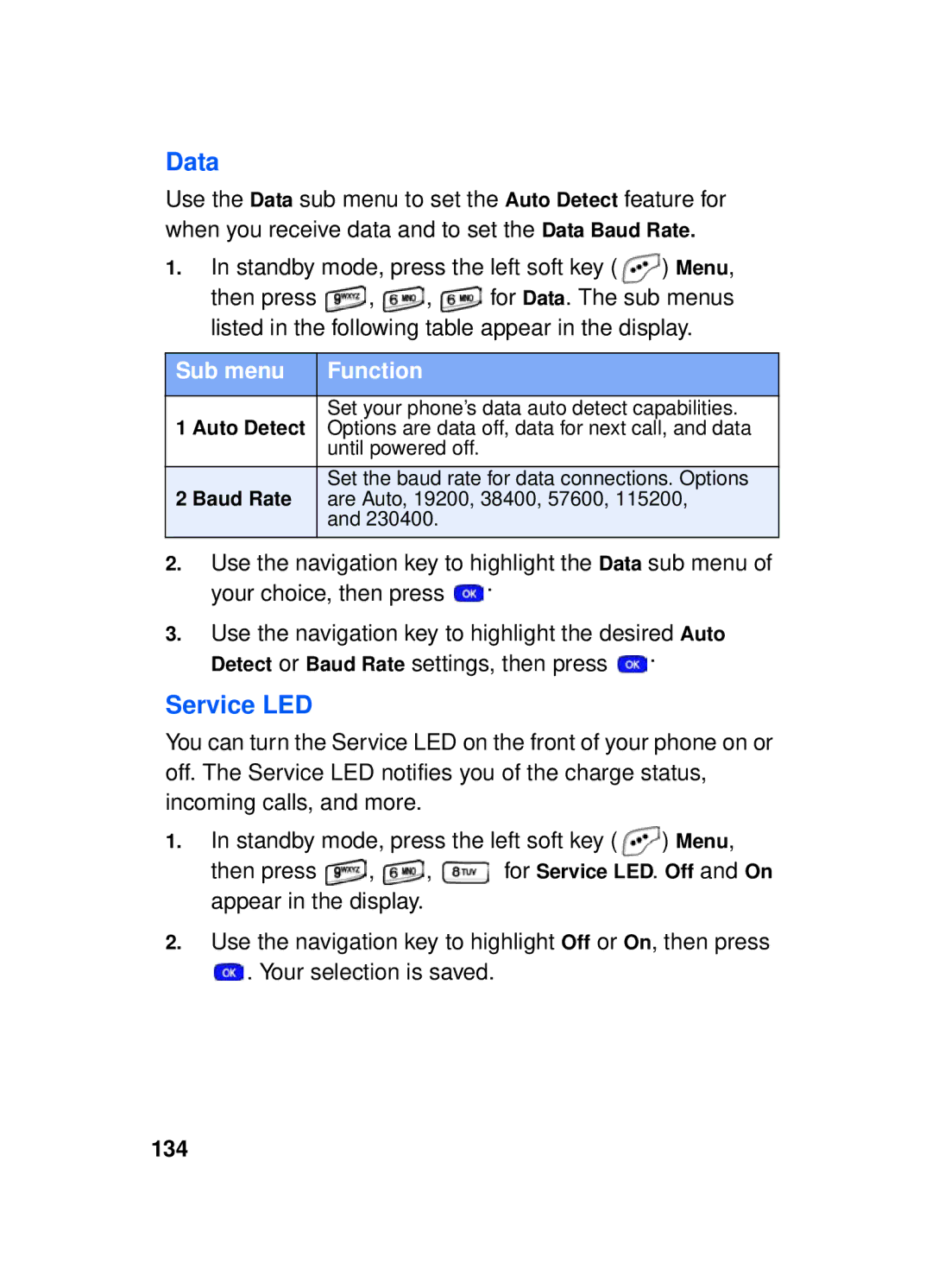 Samsung SCH-a610 manual Data, 134, Auto Detect, Baud Rate 