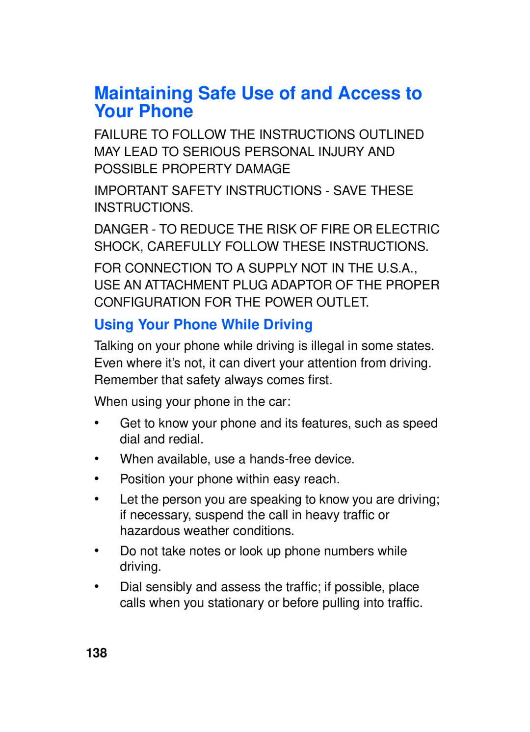 Samsung SCH-a610 manual Maintaining Safe Use of and Access to Your Phone, Using Your Phone While Driving, 138 