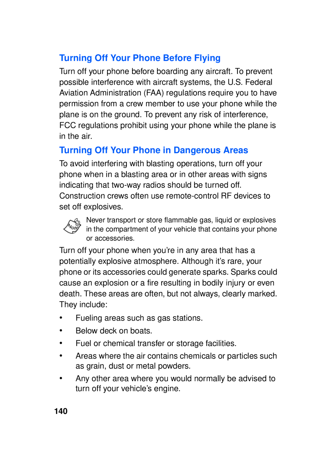 Samsung SCH-a610 manual Turning Off Your Phone Before Flying, Turning Off Your Phone in Dangerous Areas, 140 