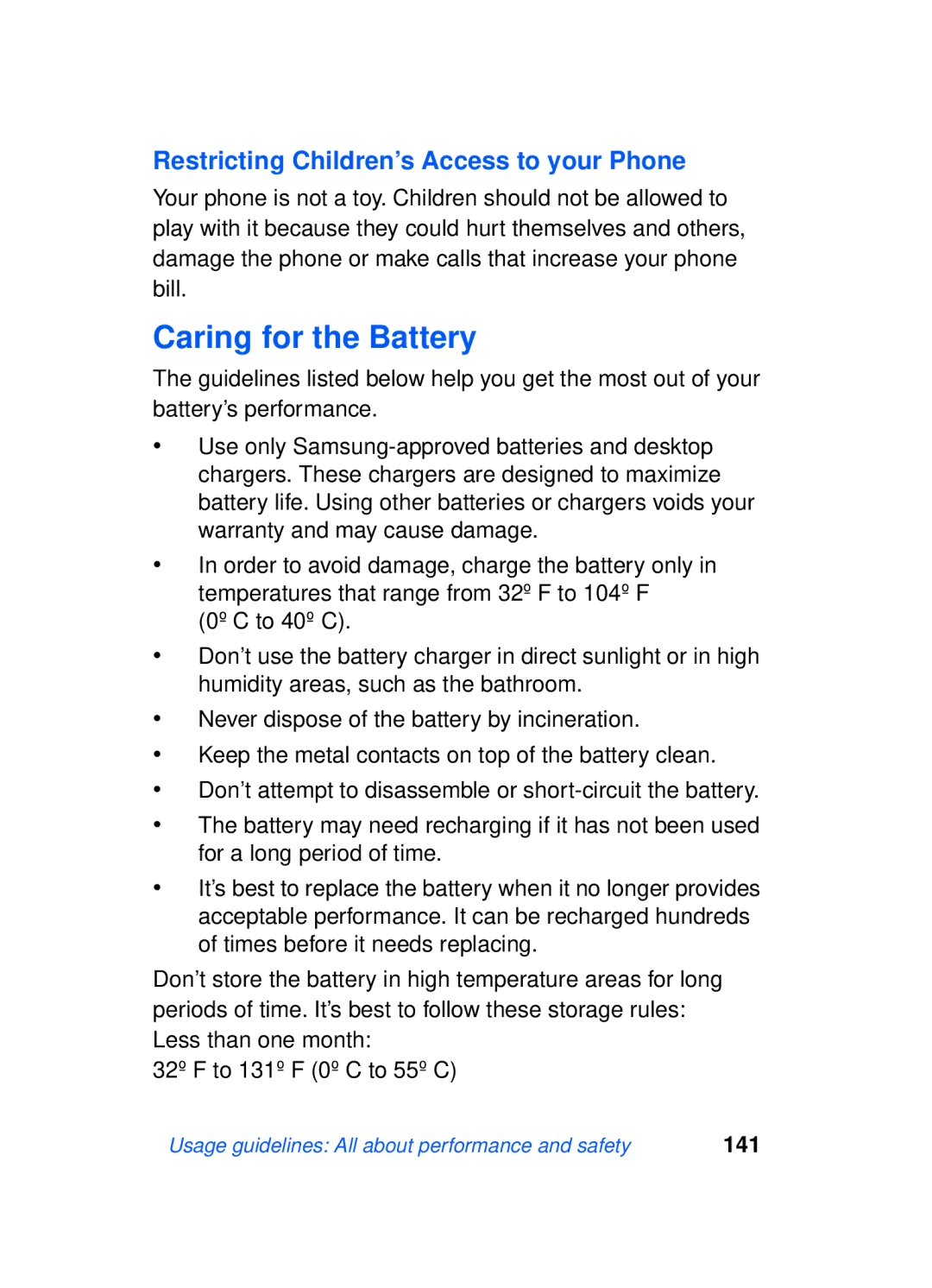 Samsung SCH-a610 manual Caring for the Battery, Restricting Children’s Access to your Phone 