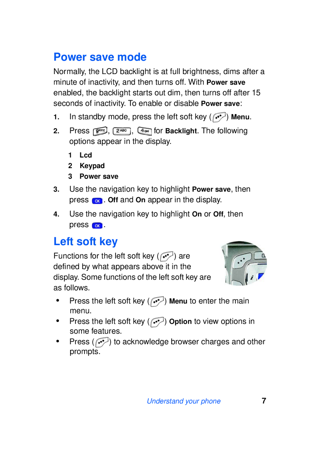 Samsung SCH-a610 manual Power save mode, Left soft key 