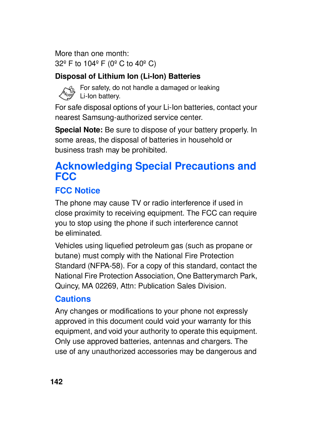 Samsung SCH-a610 Acknowledging Special Precautions, FCC Notice, More than one month 32º F to 104º F 0º C to 40º C, 142 