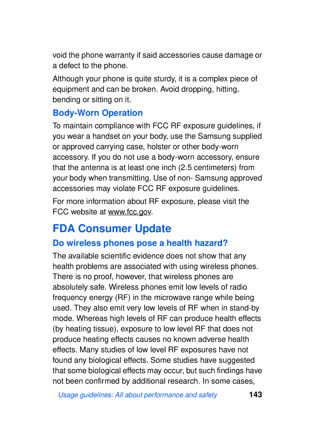 Samsung SCH-a610 manual FDA Consumer Update, Body-Worn Operation, Do wireless phones pose a health hazard? 