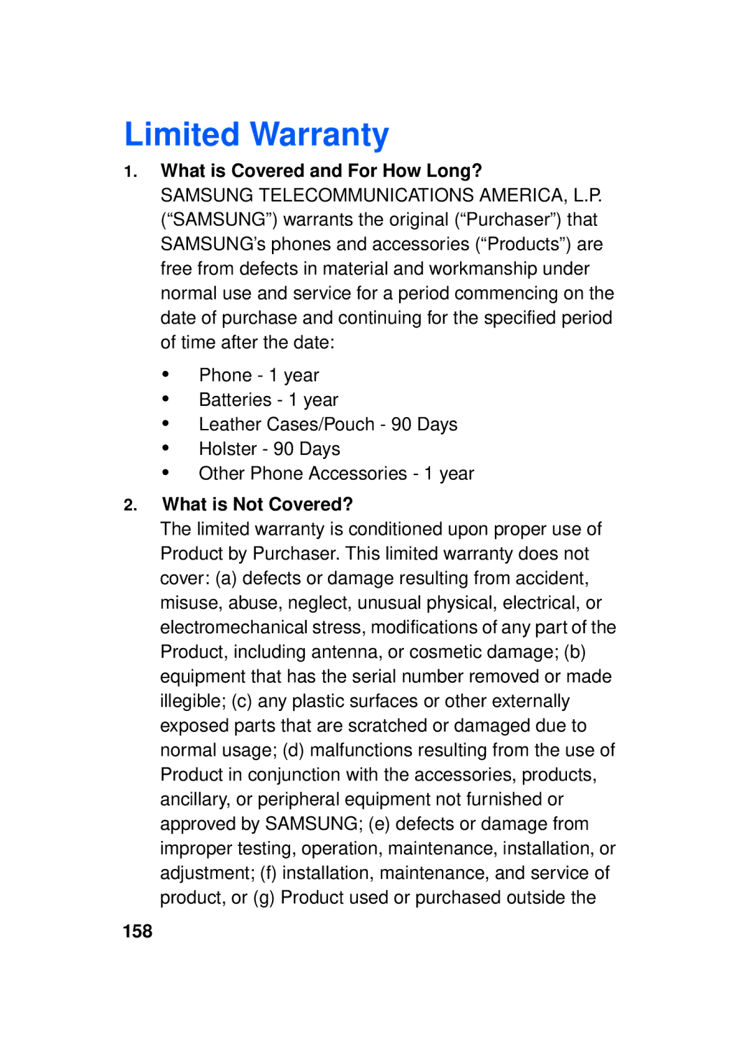 Samsung SCH-a610 manual Limited Warranty, What is Covered and For How Long?, What is Not Covered?, 158 