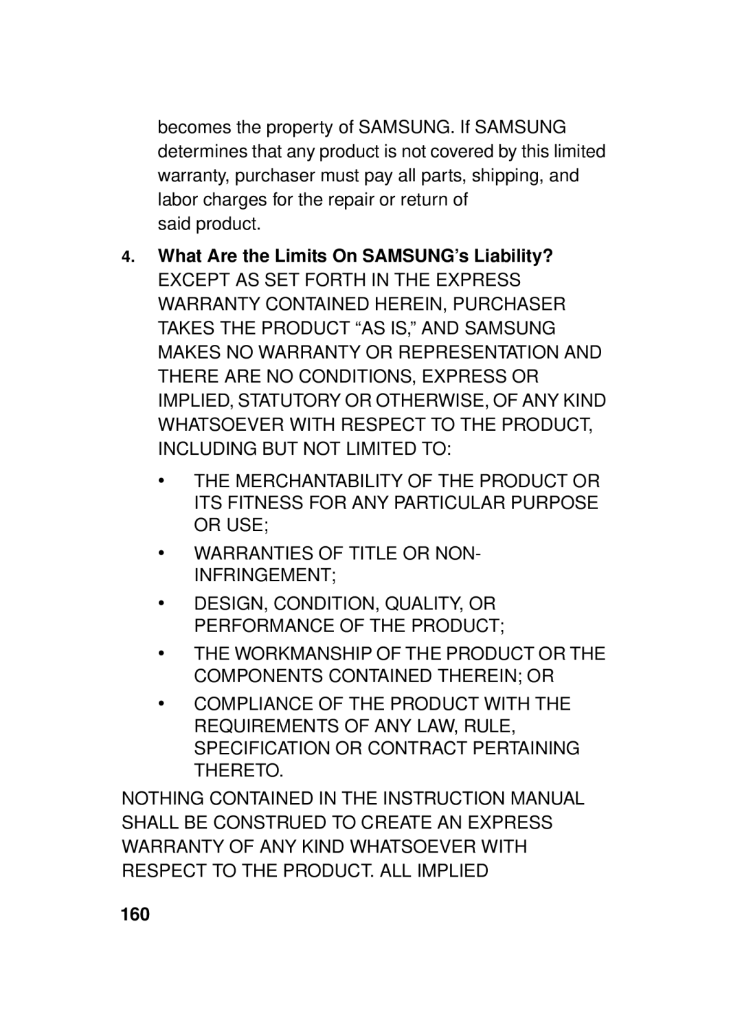 Samsung SCH-a610 manual What Are the Limits On SAMSUNG’s Liability?, 160 