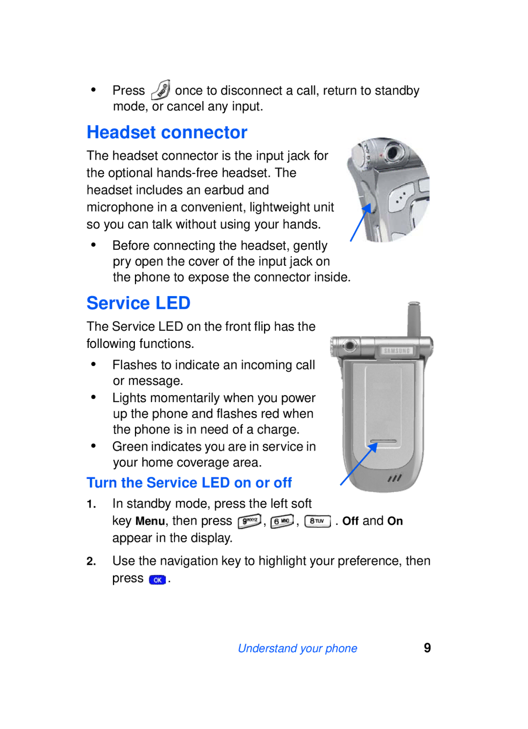 Samsung SCH-a610 manual Headset connector, Turn the Service LED on or off 