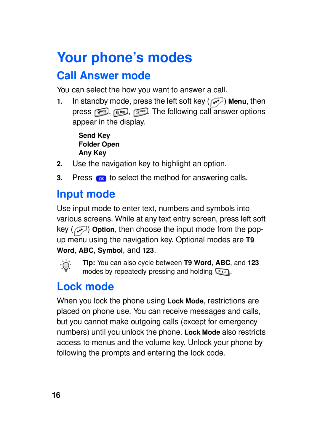 Samsung SCH-a610 manual Your phone’s modes, Call Answer mode, Input mode, Lock mode 