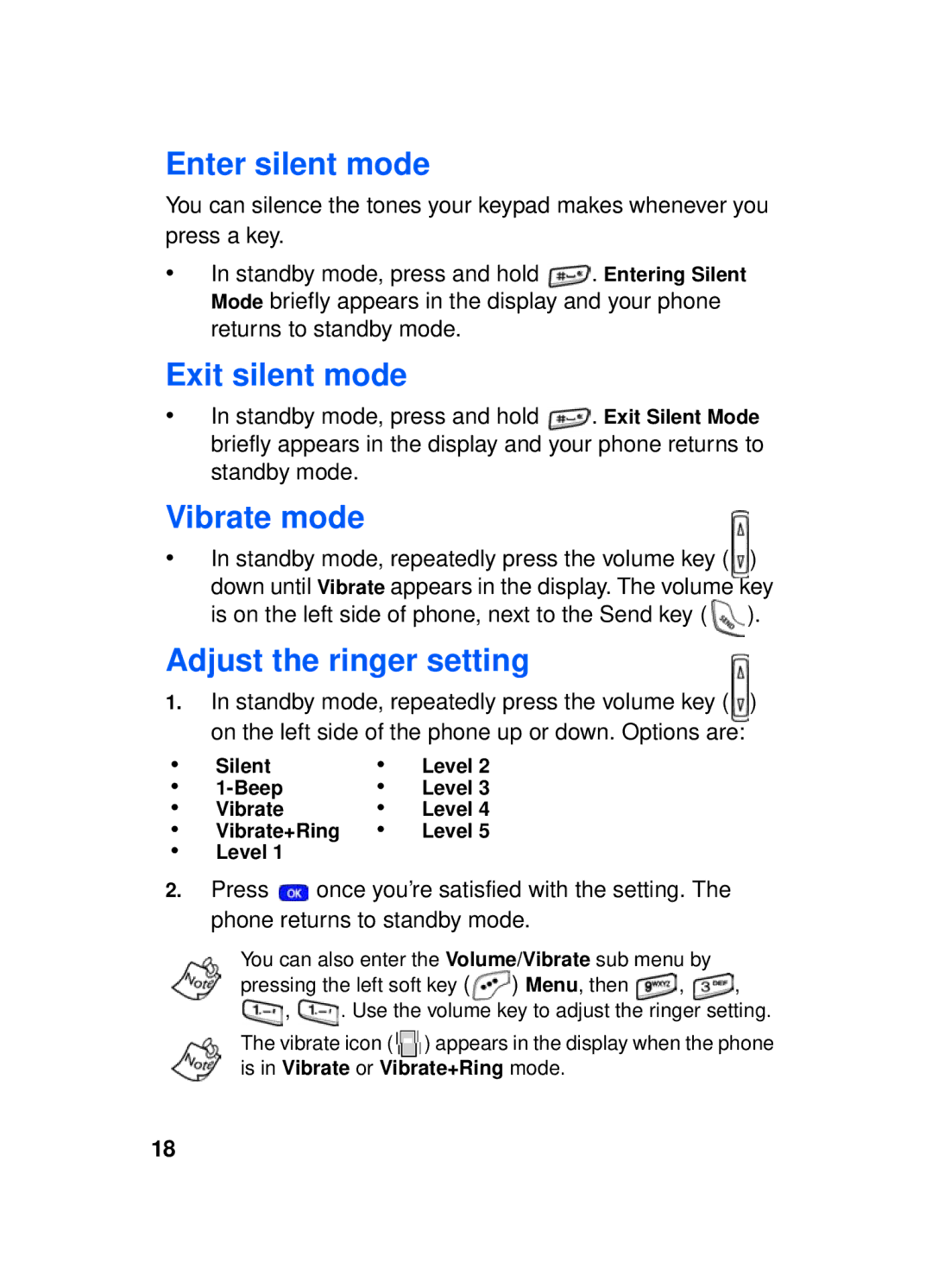 Samsung SCH-a610 manual Enter silent mode, Exit silent mode, Vibrate mode, Adjust the ringer setting 