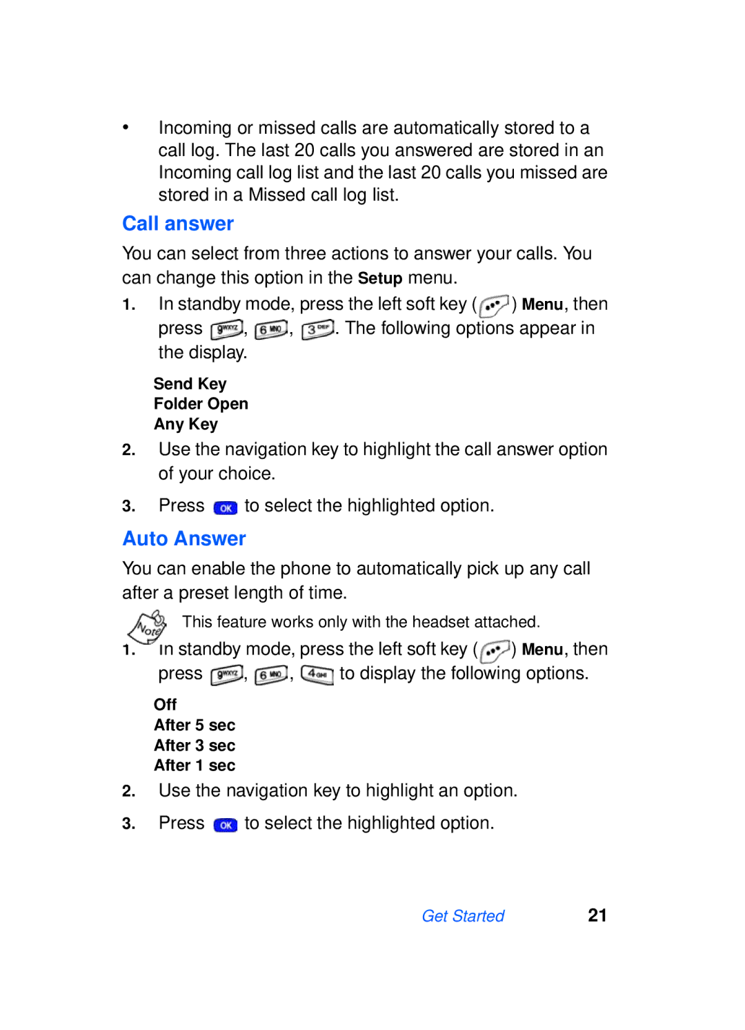 Samsung SCH-a610 manual Call answer, Auto Answer, Off After 5 sec After 3 sec After 1 sec 