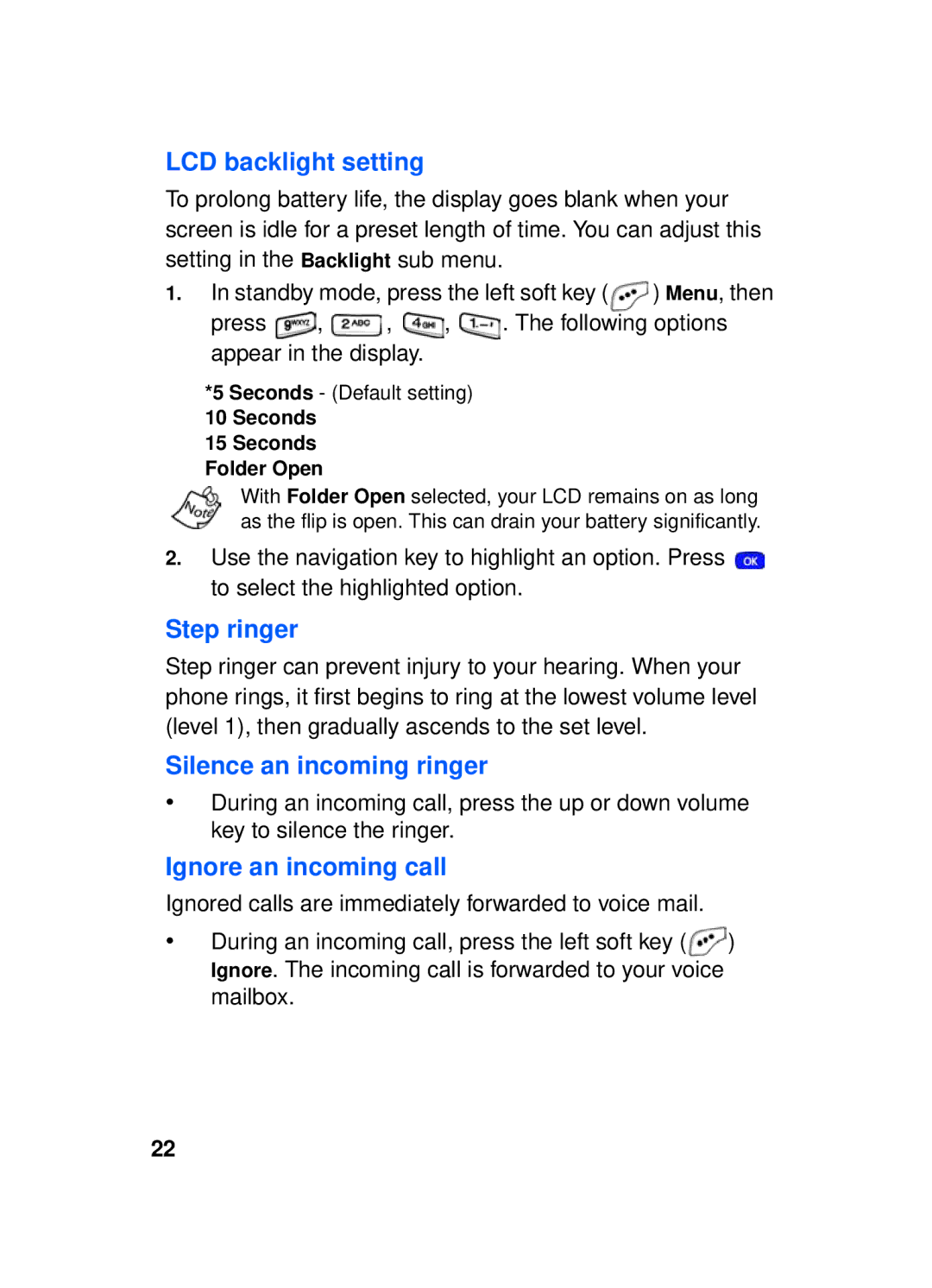 Samsung SCH-a610 manual LCD backlight setting, Step ringer, Silence an incoming ringer, Ignore an incoming call 