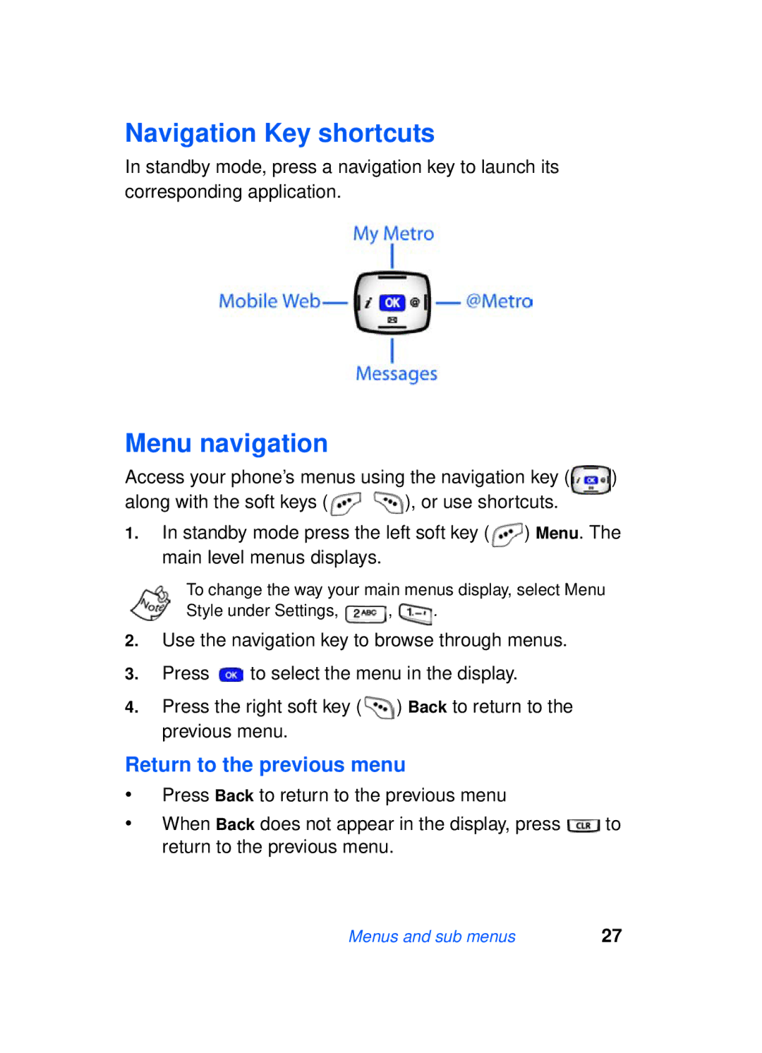 Samsung SCH-a610 manual Menu navigation, Return to the previous menu 