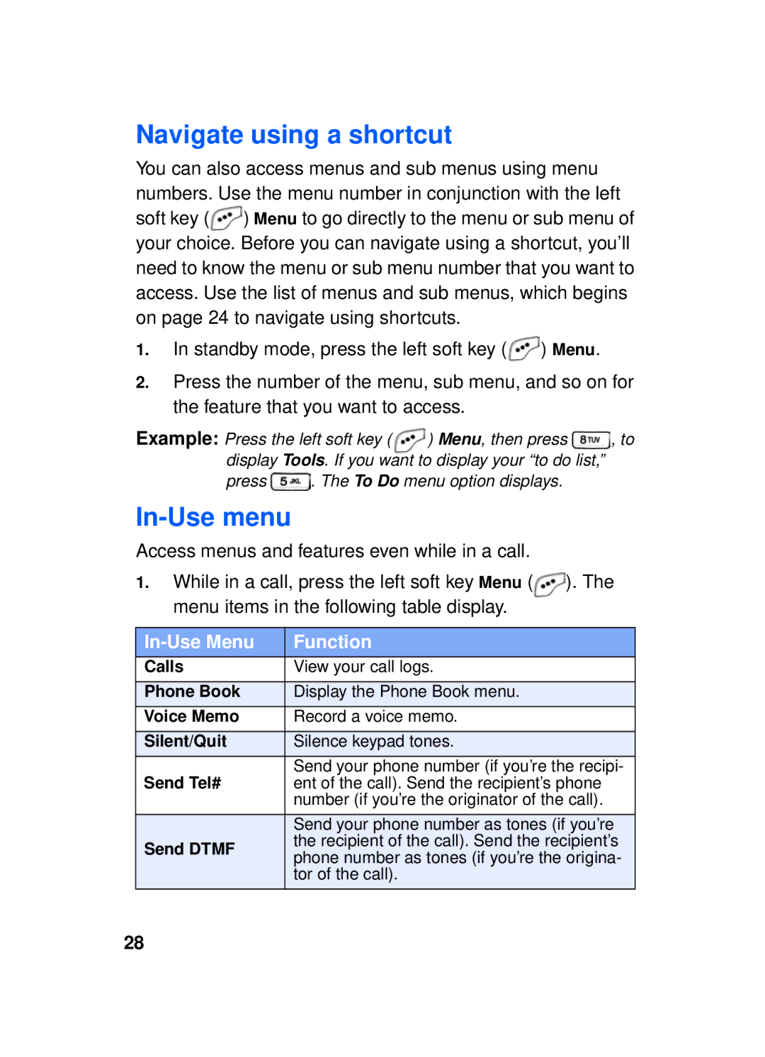 Samsung SCH-a610 manual Navigate using a shortcut, In-Use menu, In-Use Menu Function 