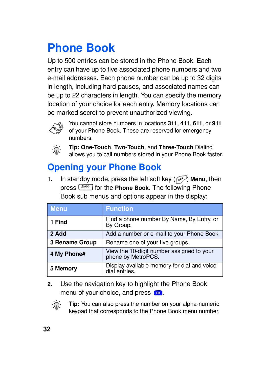 Samsung SCH-a610 manual Opening your Phone Book, Menu Function 