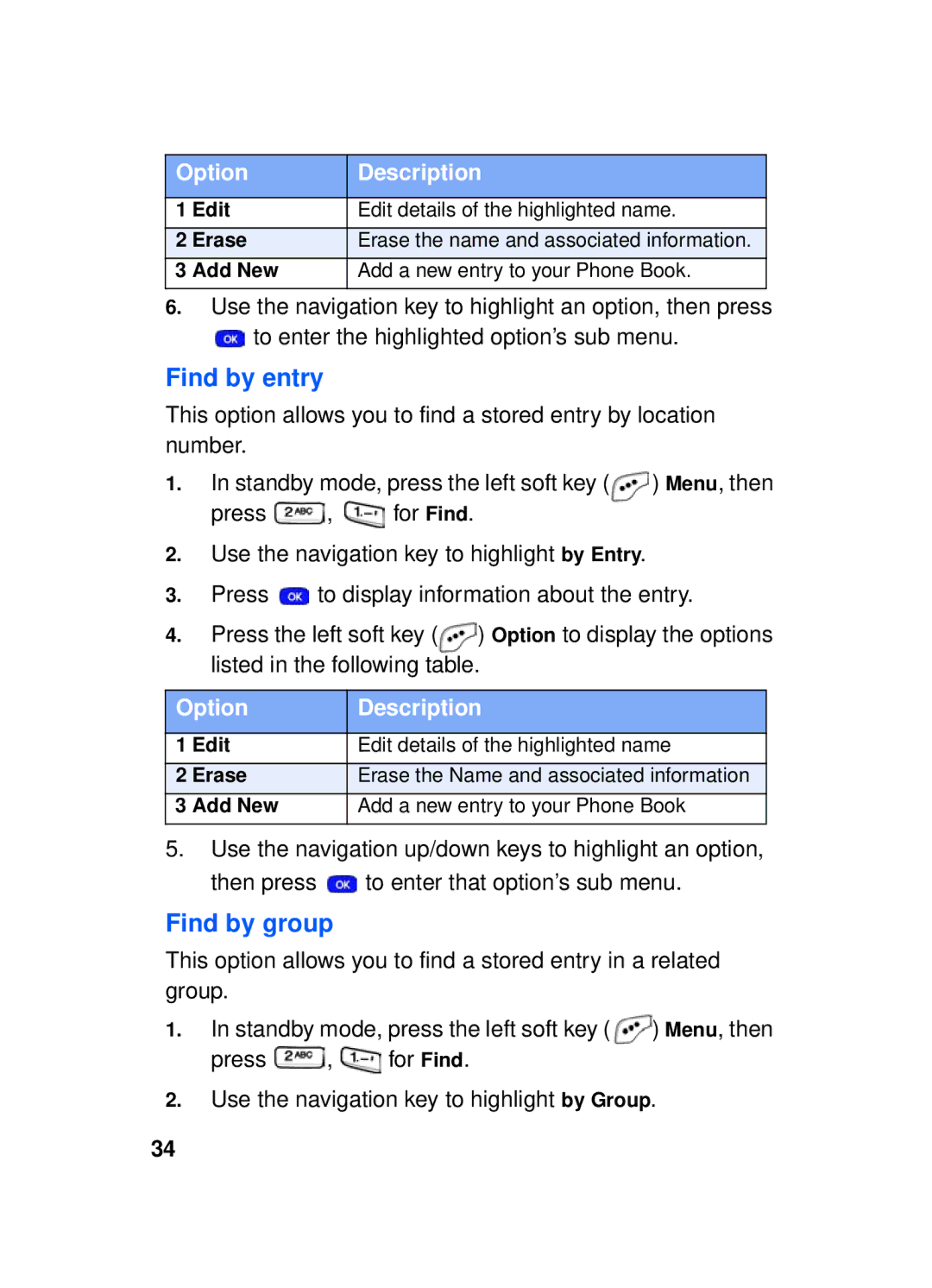 Samsung SCH-a610 manual Find by entry, Find by group, Option Description 