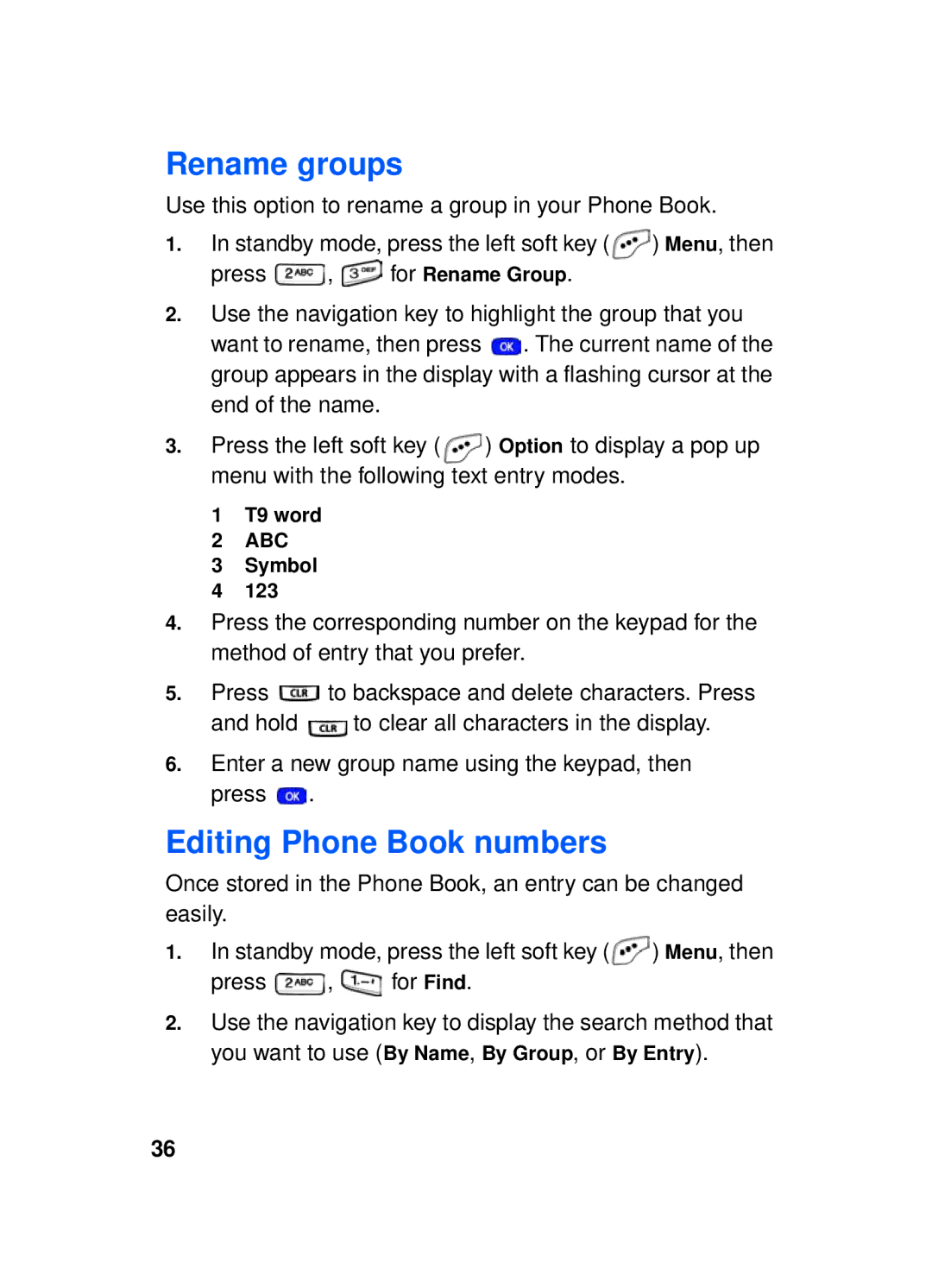 Samsung SCH-a610 manual Rename groups, Editing Phone Book numbers, T9 word, Symbol 123 