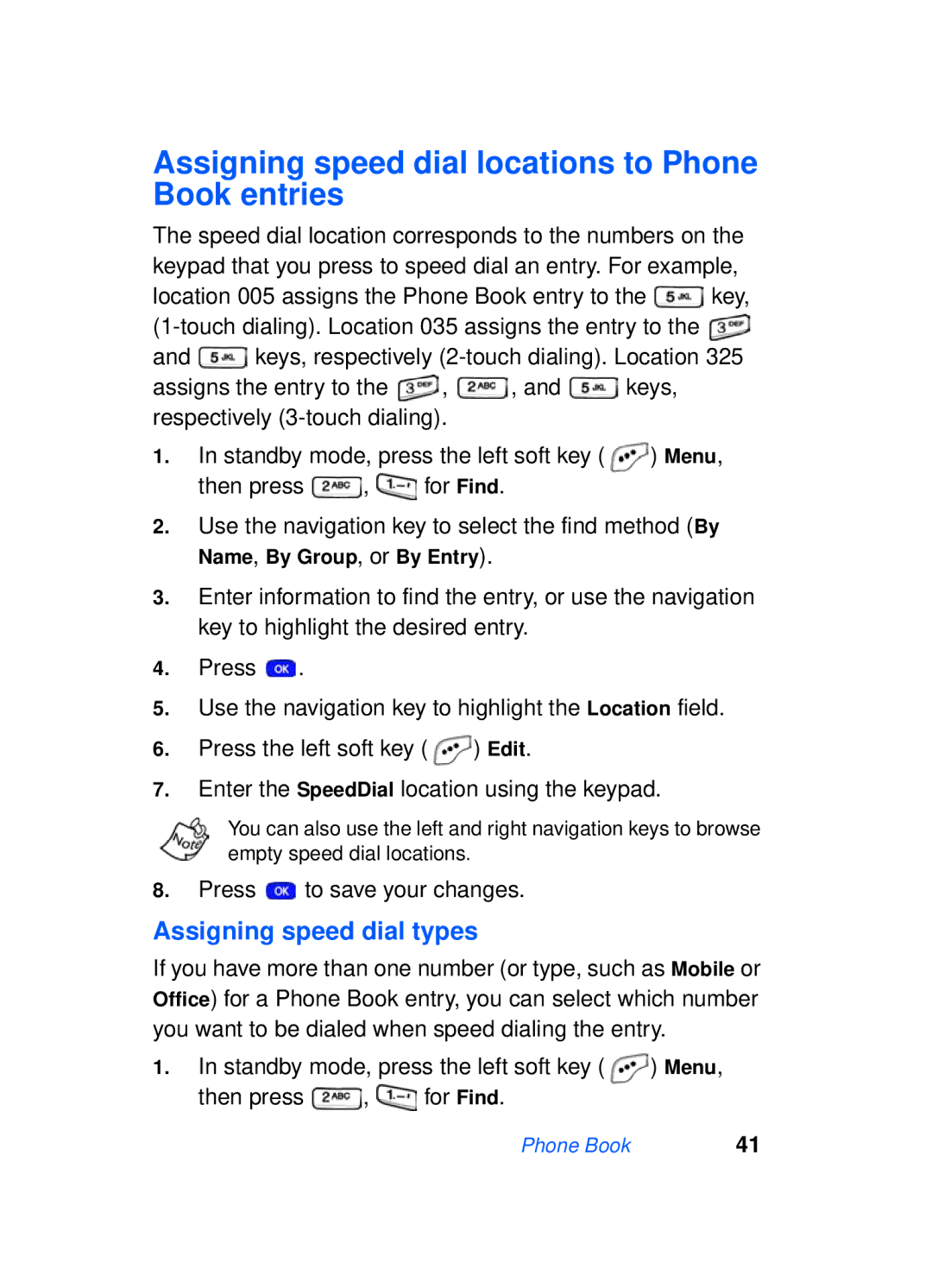 Samsung SCH-a610 manual Assigning speed dial locations to Phone Book entries, Assigning speed dial types 