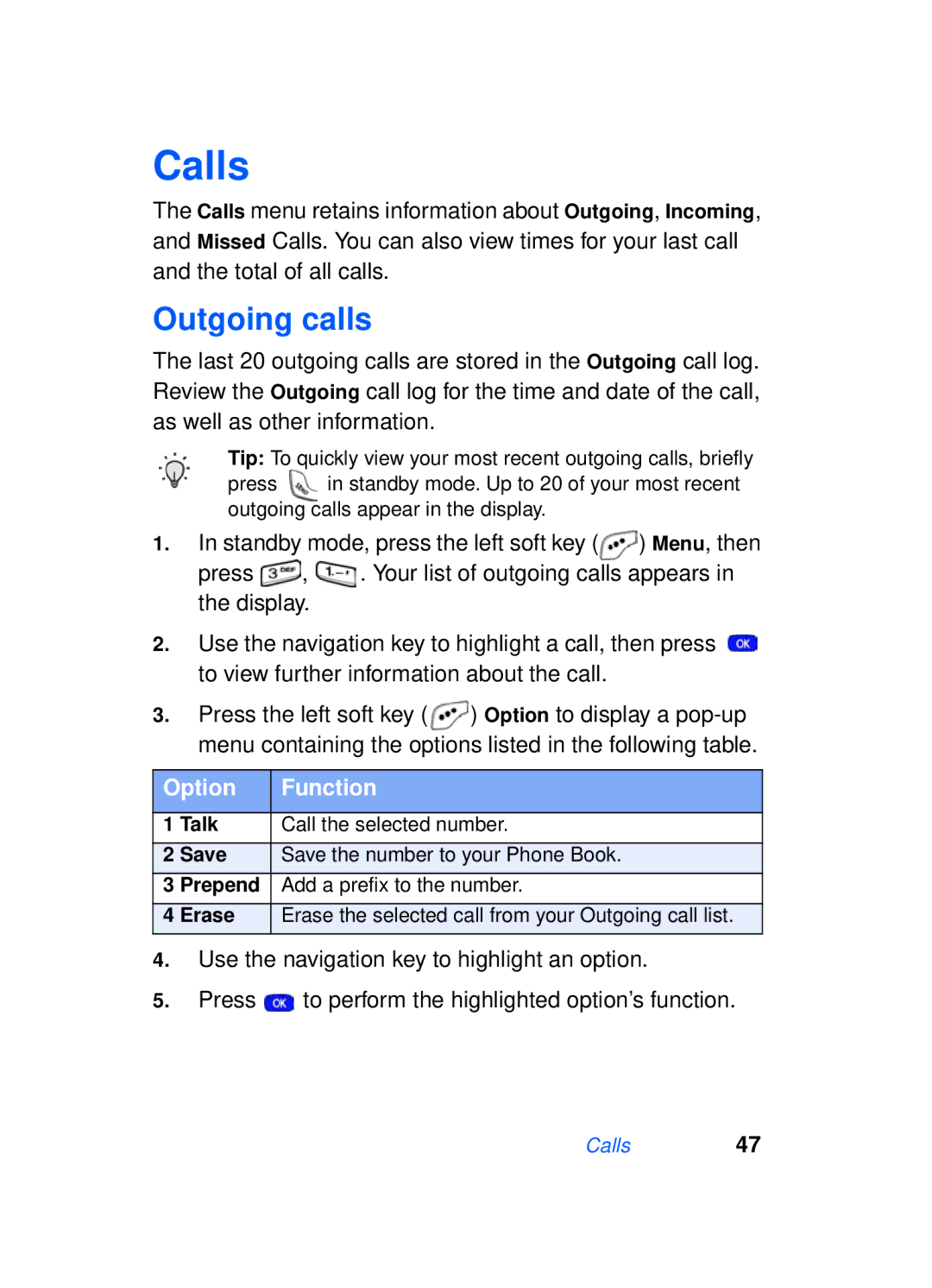 Samsung SCH-a610 manual Calls, Outgoing calls, Option Function 