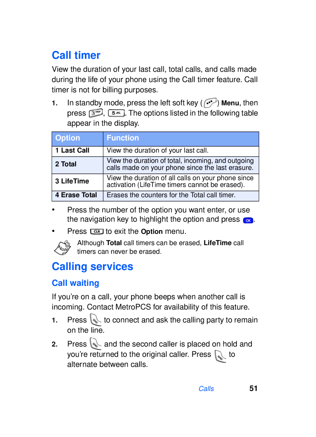 Samsung SCH-a610 manual Call timer, Calling services, Call waiting, Press to exit the Option menu 